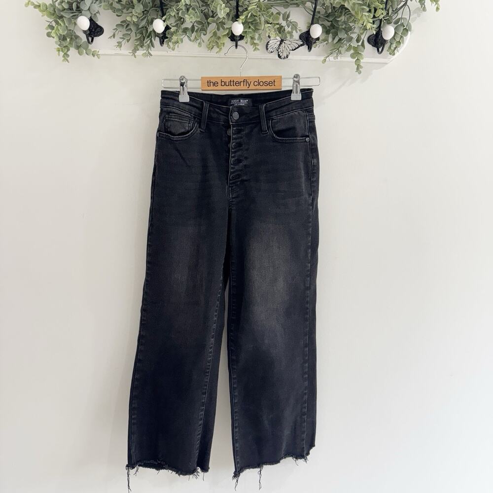 Judy Blue Black Wide Leg Raw Hem Crop Jeans Button Fly 5/27 P4964